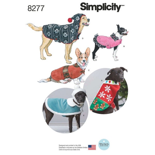 Simplicity kaava S8277 Fleece Dog Coats and Hats in Three Sizes