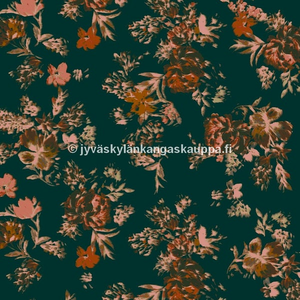 Digiprintti trikoo Autumn Bloom Forest Green (1,4m valmispala)