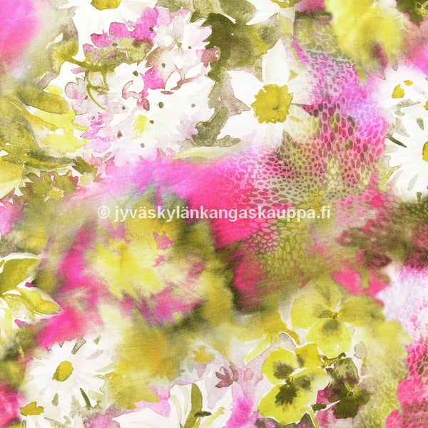 Digiprintti trikoo Watercolour Flowers Moss and Fuchsia