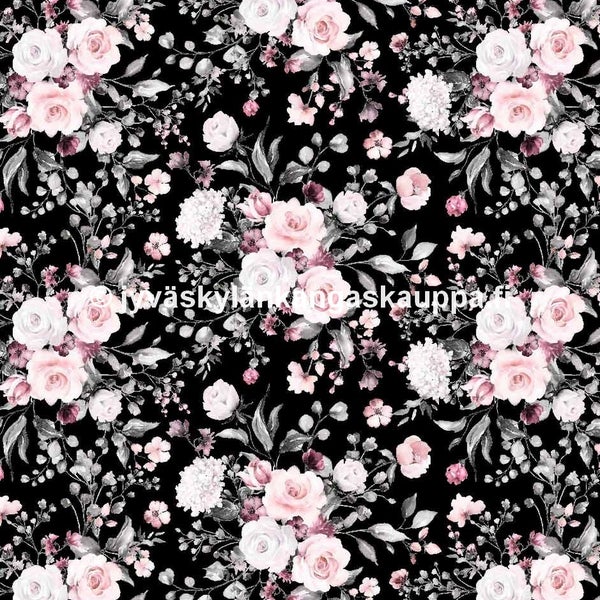 Digiprintti trikoo Delicate Flowers Black PIENI