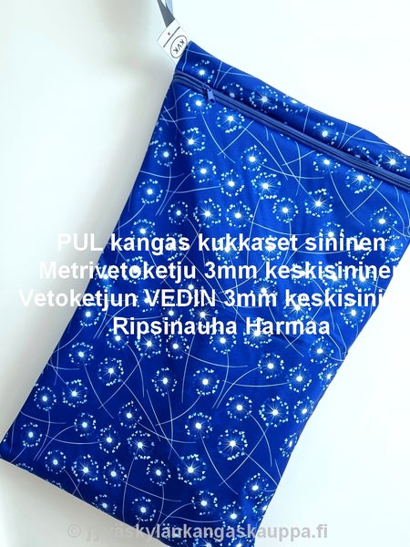 PUL kangas kukkaset sininen; Metrivetoketju 3mm keskisininen; Vetoketjun VEDIN 3mm keskisininen sek&auml; Ripsinauha Harmaa