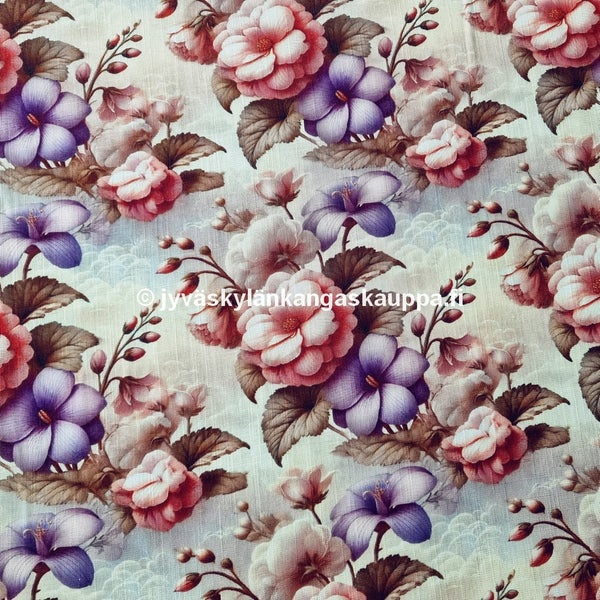 Viskoosi-pellava Kukat Roosa Liila