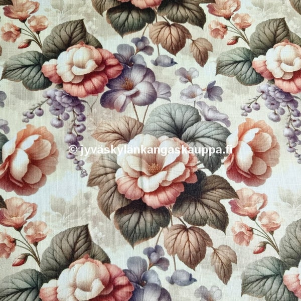 Viskoosi-pellava Kukat Ruusukulta