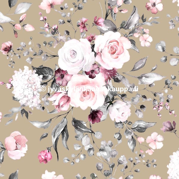 Digiprintti trikoo Delicate Flowers Mocha ISO