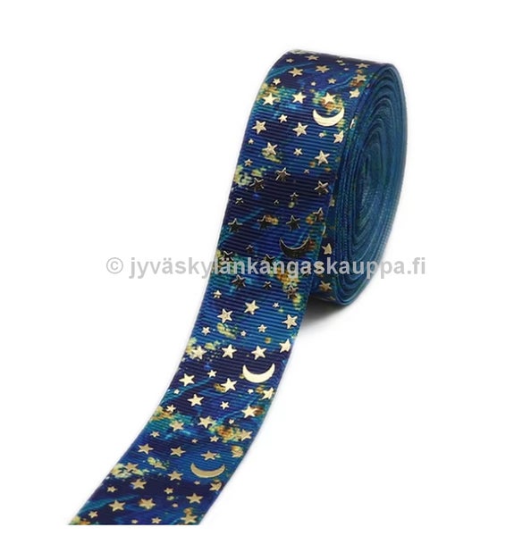 Koristenauha Glitter Kuu ja T&auml;hdet Petrooli (10cm valmispala)