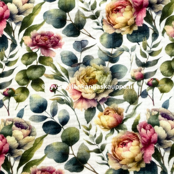 Double Gauze tuplaharsokangas Eucalyptus and Peony