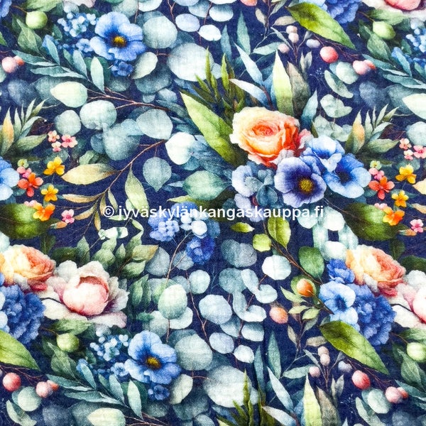 Double Gauze tuplaharsokangas Eucalyptus and Flowers Navy