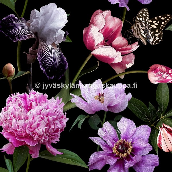 Digiprintti trikoo N&auml;ytt&auml;v&auml;t Leikkokukat  (Pink Flower Garden)