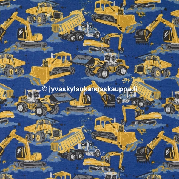 Trikoo kangas Maansiirtokoneet Sininen (n. 1,1m valmispala)