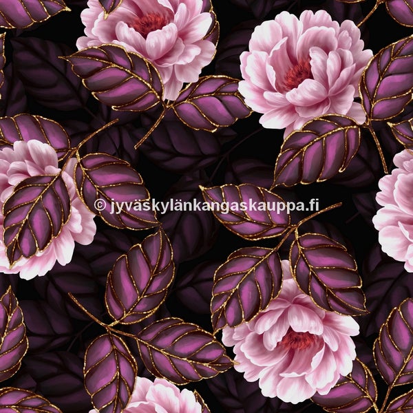 Digiprintti trikoo Pink Flowers and Golden Leaves