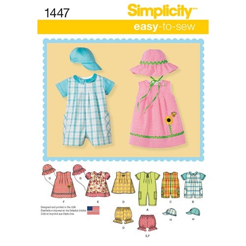 Simplicity kaava 1447 Babies Romper, Dress, Top, Panties & Hats