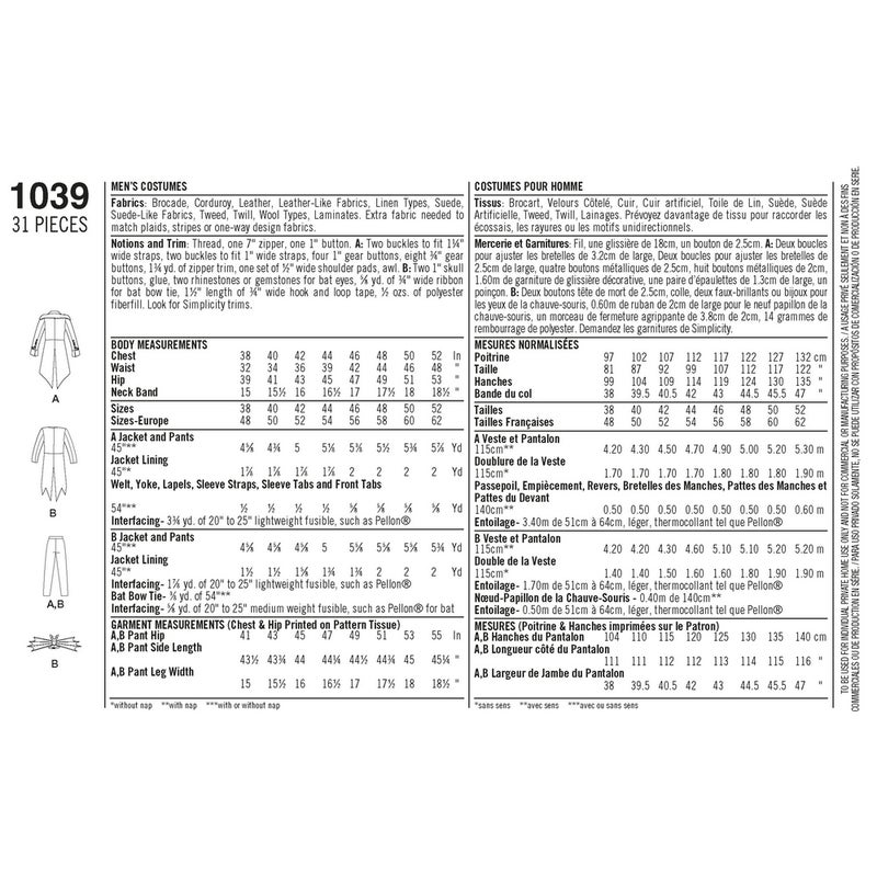 Simplicity kaava 1039 Mens Cosplay Costumes