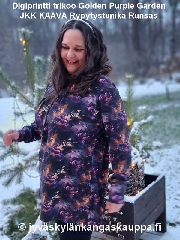 Digiprintti trikoo Golden Purple Garden
