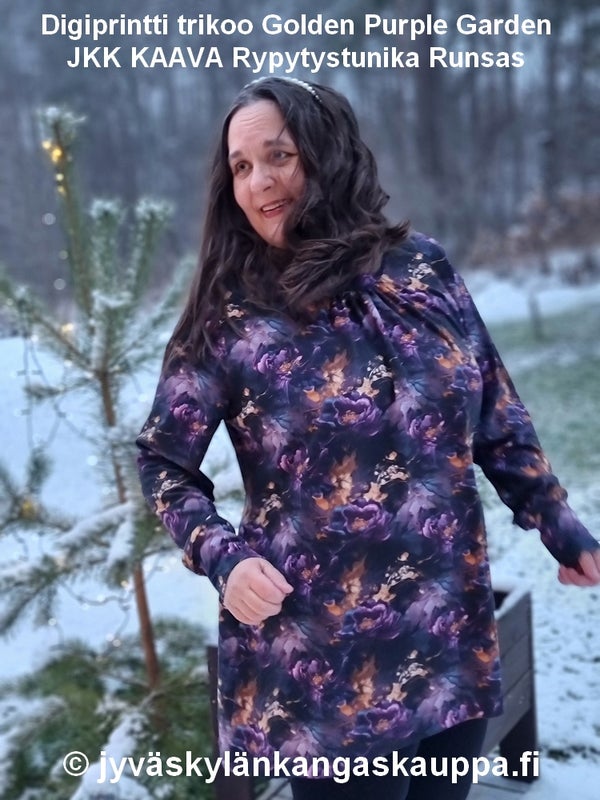 Digiprintti trikoo Golden Purple Garden