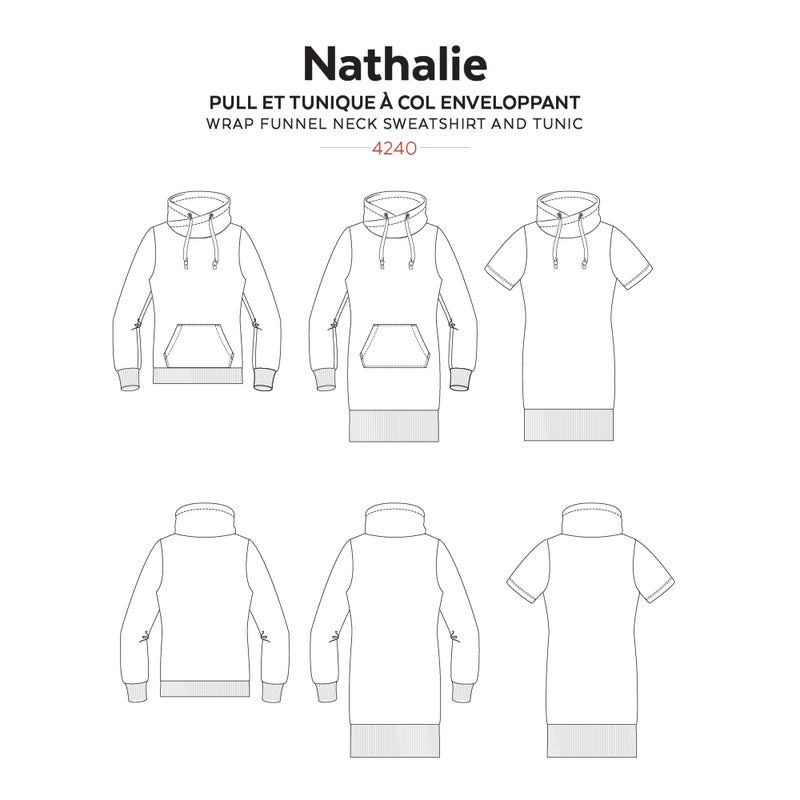 Jalie kaava NATHALIE Wrap funnel neck sweatshirt and tunic