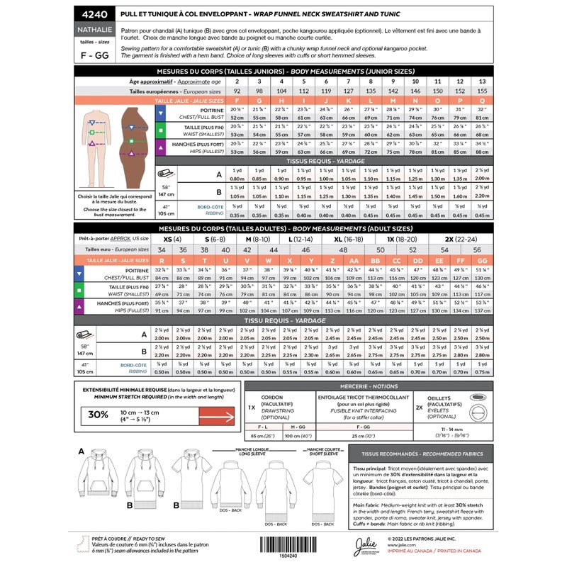 Jalie kaava NATHALIE Wrap funnel neck sweatshirt and tunic