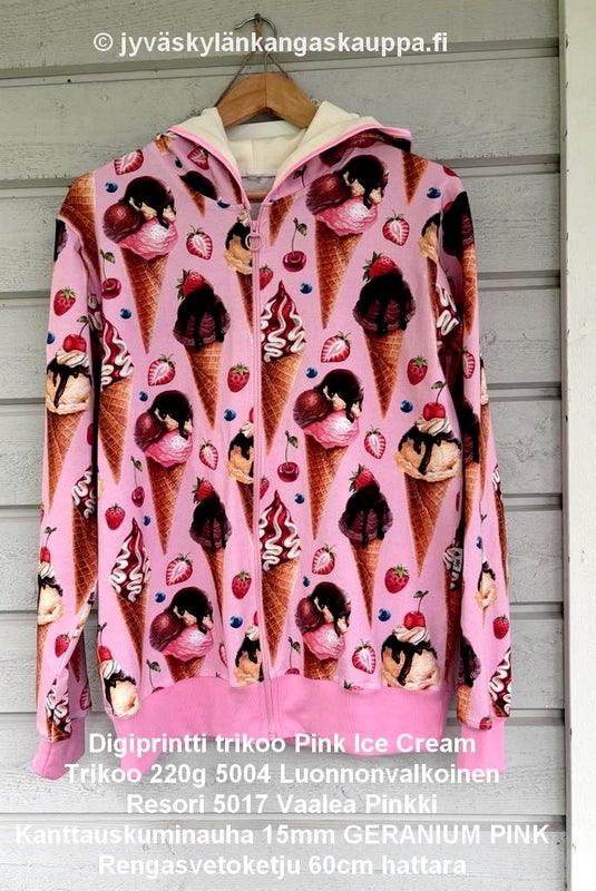 Digiprintti trikoo Pink Ice Cream; Trikoo 220g 5004 Luonnonvalkoinen; Resori 5017 Vaalea Pinkki; Kanttauskuminauha 15mm GERANIUM PINK sek&auml; Rengasvetoketju 60cm hattara