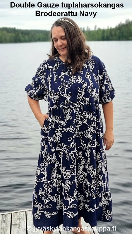 Double Gauze tuplaharsokangas Brodeerattu Navy