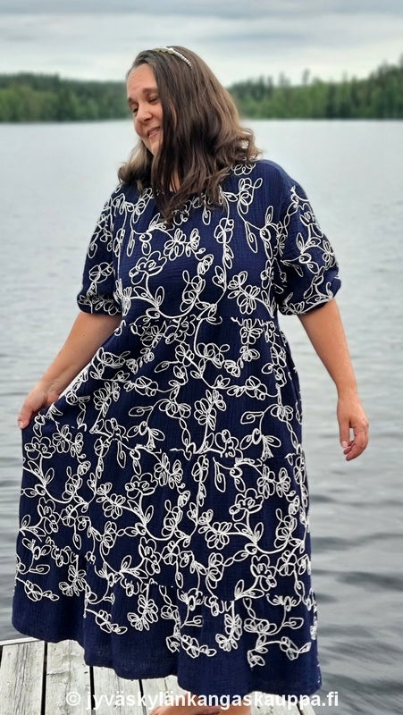 Double Gauze tuplaharsokangas Brodeerattu Navy