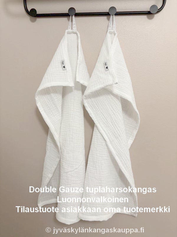 Double Gauze tuplaharsokangas Luonnonvalkoinen sek&auml; Tilaustuote asiakkaan oma tuotemerkki