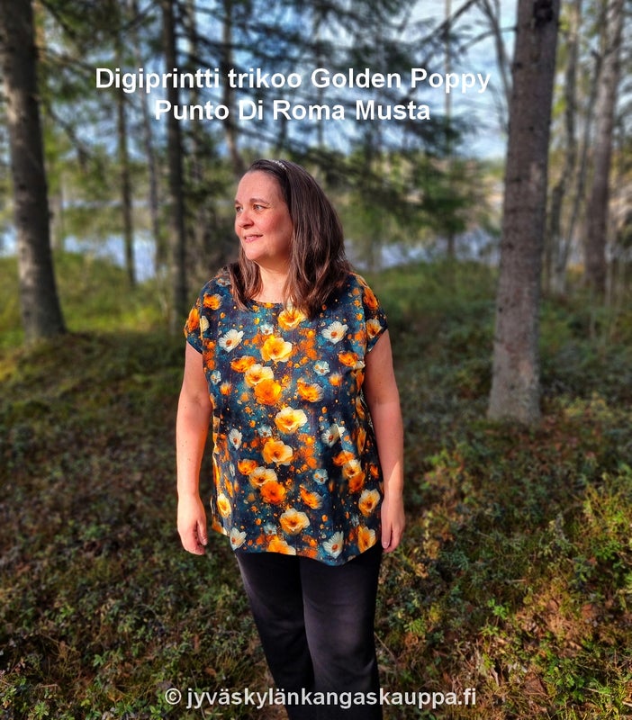 Digiprintti trikoo Golden Poppy sek&auml; Punto Di Roma Musta