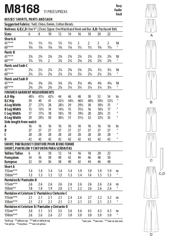 McCALL&acute;s kaava M8168 Misses Shorts, Pants & Sash
