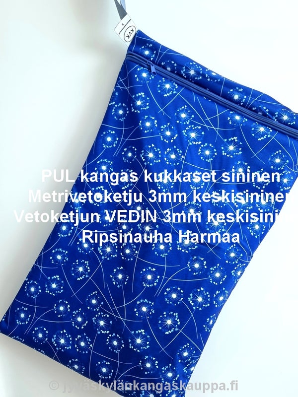 PUL kangas kukkaset sininen; Metrivetoketju 3mm keskisininen; Vetoketjun VEDIN 3mm keskisininen sek&auml; Ripsinauha Harmaa