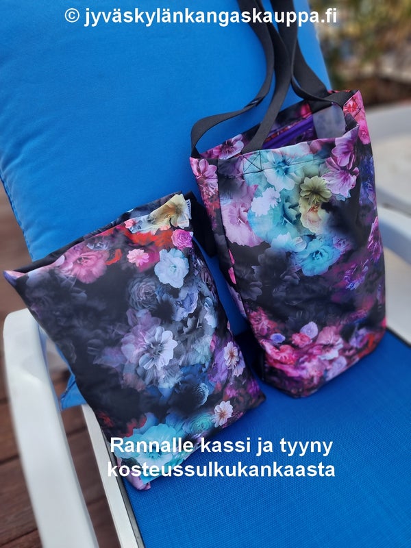 KANKAAT JA TARVIKKEET: PUL kangas kukat; PP-remmi puuvillaa MUSTA; Tuotemerkki AINOA musta; Tuotemerkki &Auml;ITI TEKI; KAM muovinepparit koko T5 B5 musta; Metrivetoketju 3mm spiraali violetti; Metrivetoketju 3mm spiraali petrooli; Vetoketjun vedin 3mm violet