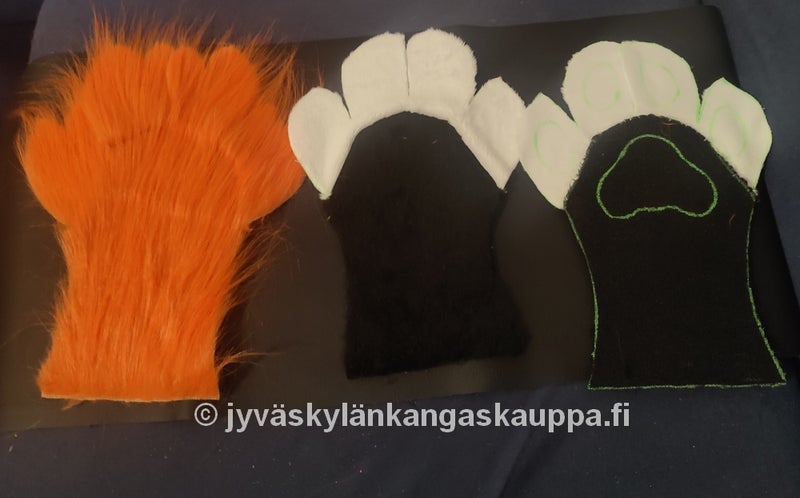 FURSUIT: Karvakangas eli turkiskangas oranssi EXTRA PITK&Auml; karva; Velboa Valkoinen; Velboa Musta SEK&Auml; Keinonahkakangas Musta