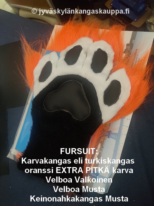 FURSUIT: Karvakangas eli turkiskangas oranssi EXTRA PITK&Auml; karva; Velboa Valkoinen; Velboa Musta SEK&Auml; Keinonahkakangas Musta