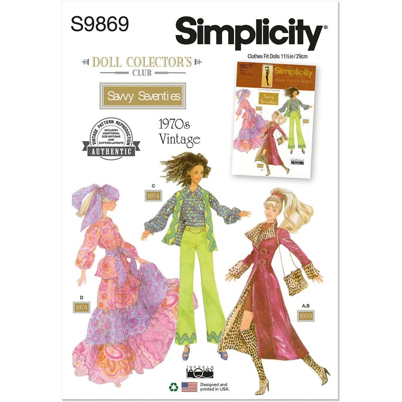 Simplicity kaava S9869 Vintage 1970s Fashion Doll Clothes