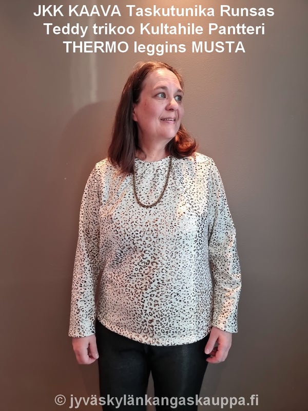 JKK KAAVA Taskutunika Runsas; Teddy trikoo Kultahile Pantteri; THERMO leggins MUSTA