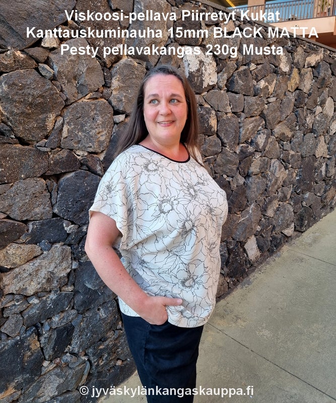 Viskoosi-pellava Piirretyt Kukat ja Kanttauskuminauha 15mm BLACK MATTA sek&auml; Pesty pellavakangas 230g Musta