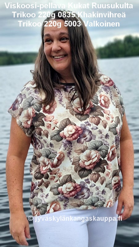 Viskoosi-pellava Kukat Ruusukulta ja Trikoo 220g 0835 Khakinvihre&auml; sek&auml;Trikoo 220g 5003 Valkoinen