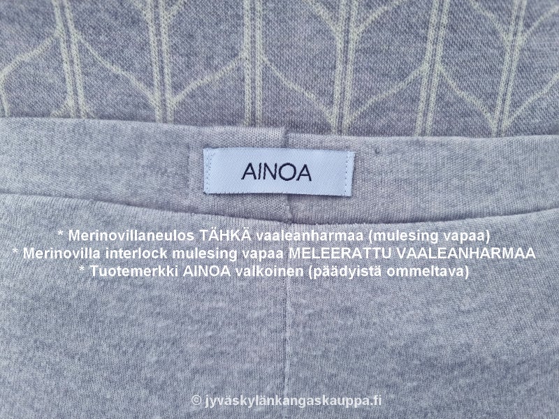 * Merinovillaneulos T&Auml;HK&Auml; vaaleanharmaa (mulesing vapaa) * Merinovilla interlock mulesing vapaa MELEERATTU VAALEANHARMAA * Tuotemerkki AINOA valkoinen (p&auml;&auml;dyist&auml; ommeltava)