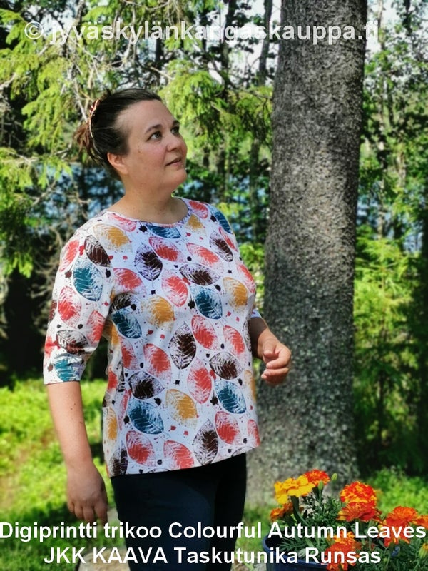 Digiprintti trikoo Colourful Autumn Leaves sek&auml; JKK KAAVA Taskutunika Runsas