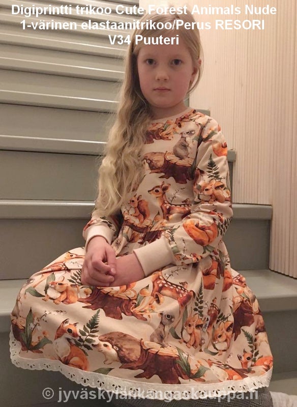 Digiprintti trikoo Cute Forest Animals Nude sek&auml; 1-v&auml;rinen elastaanitrikoo/Perus RESORI  V34 Puuteri