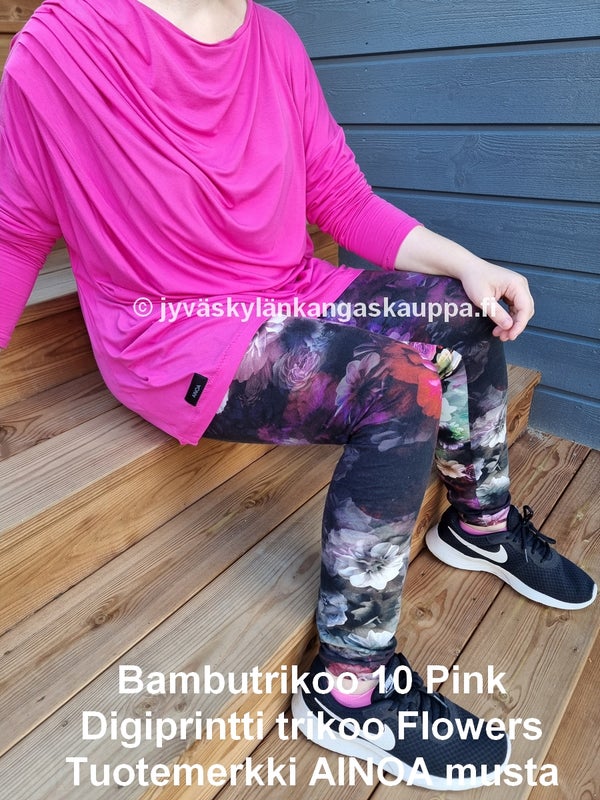 Bambutrikoo 10 Pink ja Digiprintti trikoo Flowers sek&auml; Tuotemerkki AINOA musta