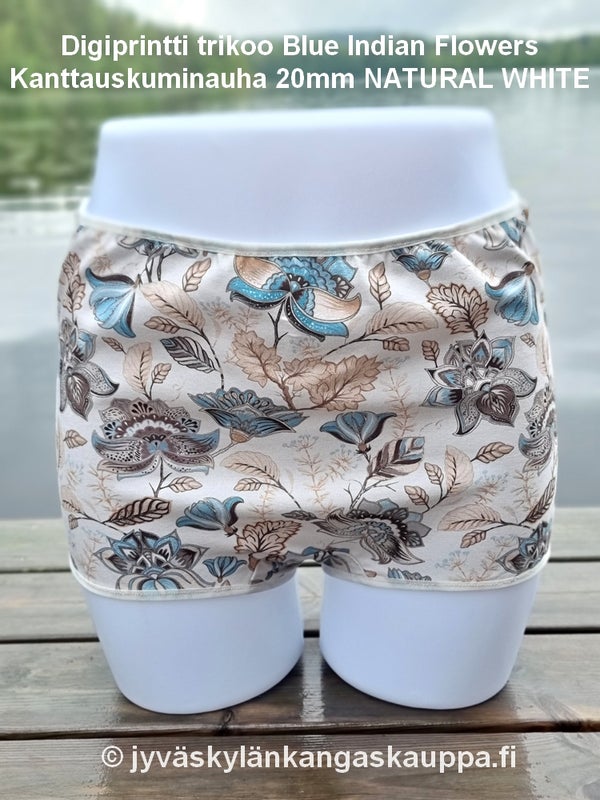 Digiprintti trikoo Blue Indian Flowers sek&auml; Kanttauskuminauha 20mm NATURAL WHITE