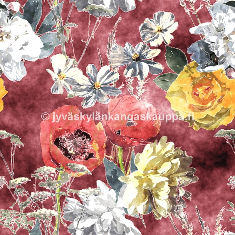 Digiprintti trikoo Water Colour Burgundy Flowers