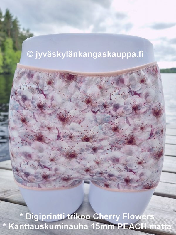 * Digiprintti trikoo Cherry Flowers * Kanttauskuminauha 15mm PEACH matta