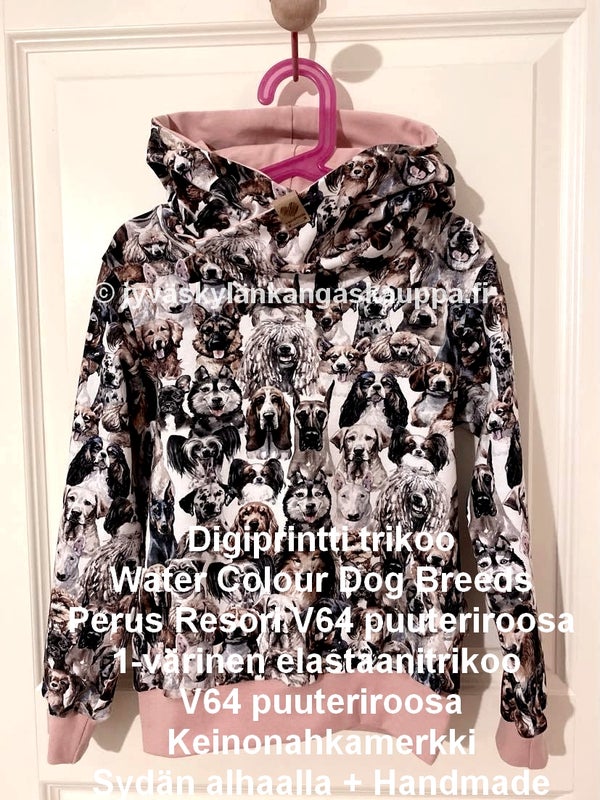 Digiprintti trikoo Water Colour Dog Breeds; Perus Resori V64 puuteriroosa; 1-v&auml;rinen elastaanitrikoo V64 puuteriroosa; Keinonahkamerkki Syd&auml;n alhaalla + Handmade