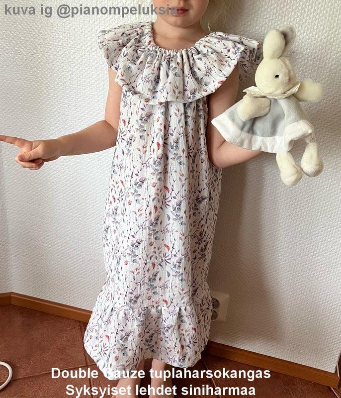 Double Gauze tuplaharsokangas Syksyiset lehdet siniharmaa