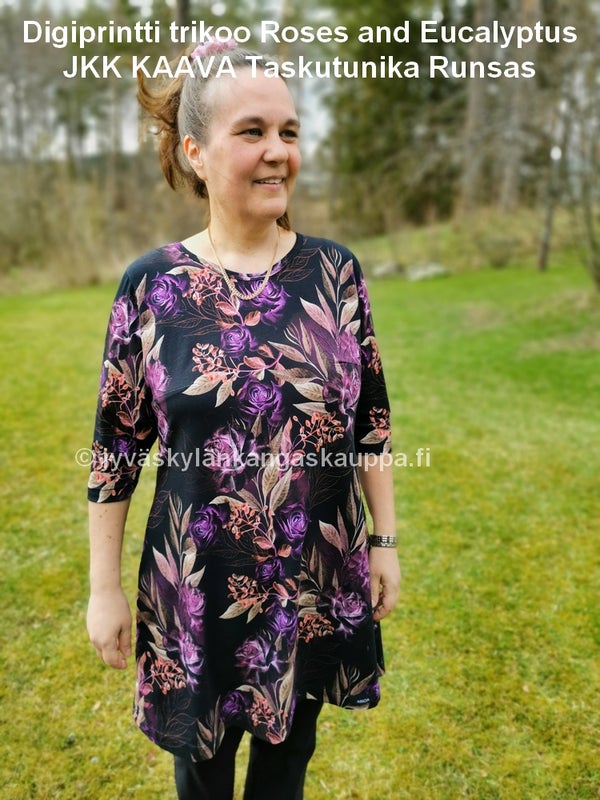 Digiprintti trikoo Roses and Eucalyptus sek&auml; JKK KAAVA Taskutunika Runsas