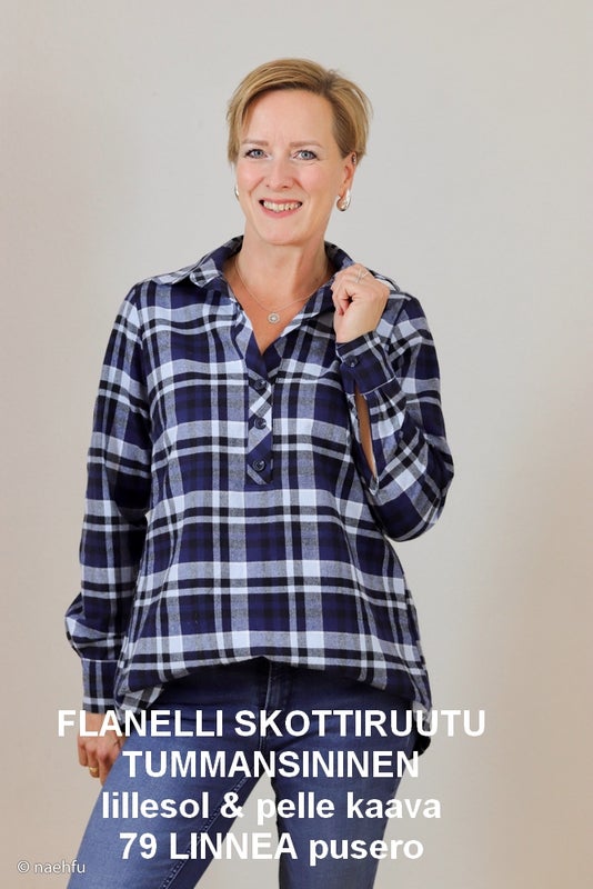 FLANELLI SKOTTIRUUTU TUMMANSININEN sek&auml; lillesol & pelle kaava 79 LINNEA pusero