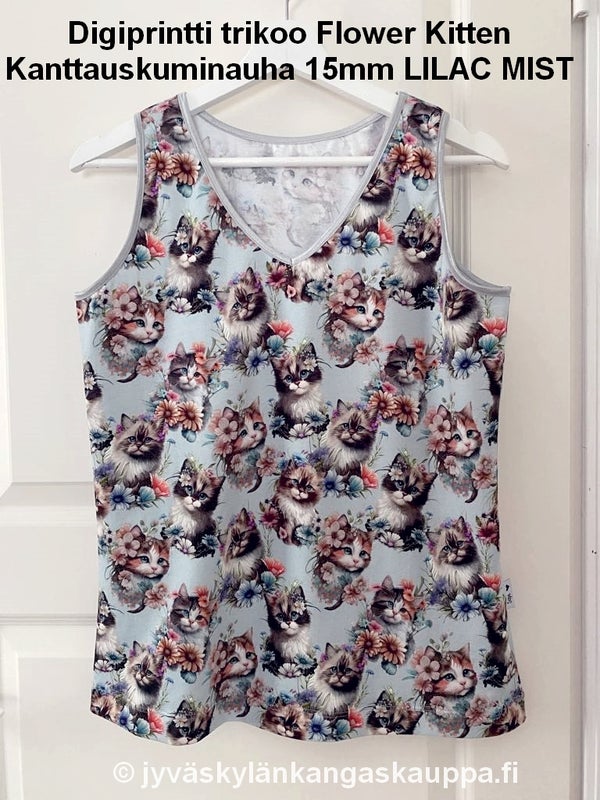 Digiprintti trikoo Flower Kitten sek&auml; Kanttauskuminauha 15mm LILAC MIST
