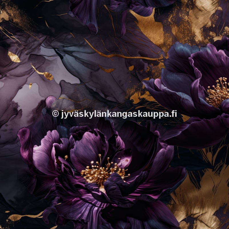 Digiprintti trikoo Golden Purple Garden