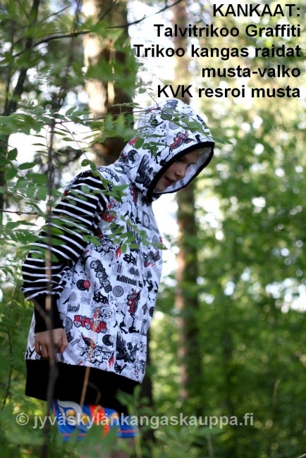 Trikoo kangas Raidat TURKOOSI (1,5m valmispala)pahvin&ouml;yt&auml;&auml;