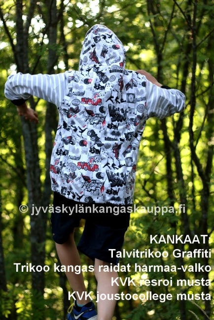 Trikoo kangas Raidat TURKOOSI (1,5m valmispala)pahvin&ouml;yt&auml;&auml;