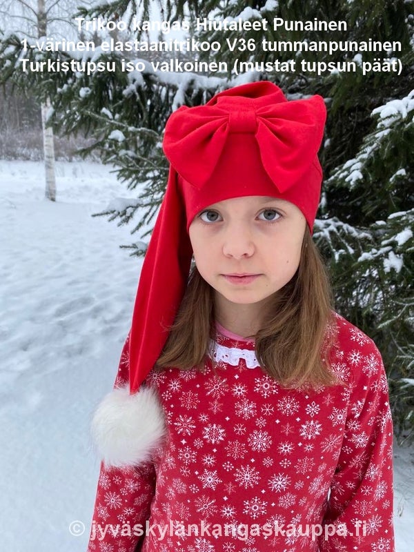 Trikoo kangas Hiutaleet Punainen ja 1-v&auml;rinen elastaanitrikoo V36 tummanpunainen sek&auml; Turkistupsu iso valkoinen (mustat tupsun p&auml;&auml;t)